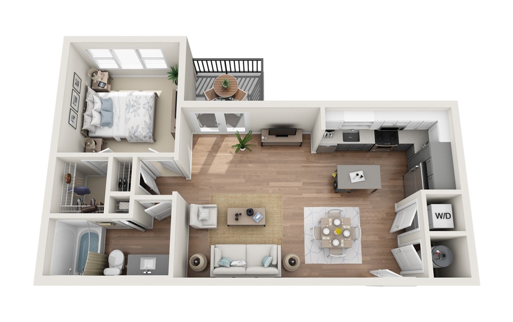 A2 - 1 bedroom floorplan layout with 1 bathroom and 709 square feet (3D)